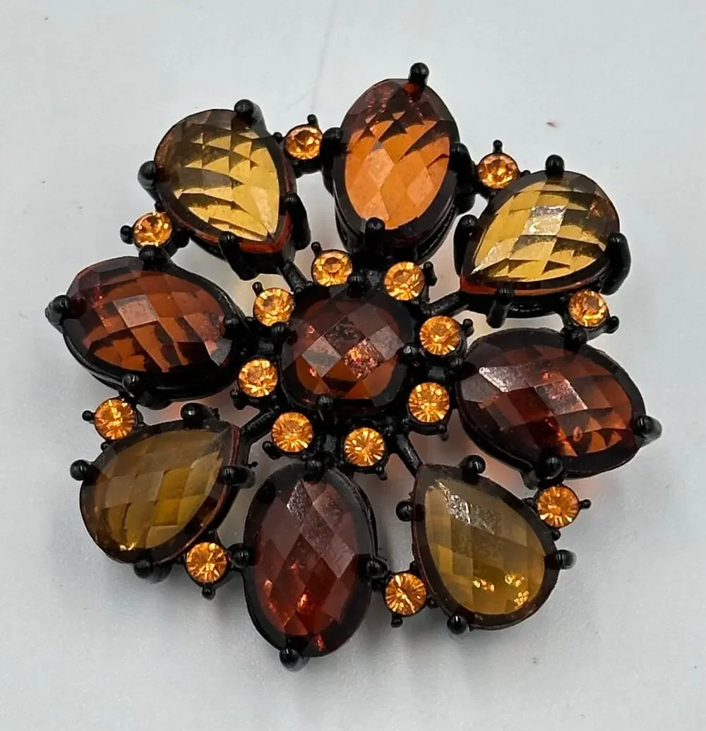 Joan Rivers Glass Crystal Amber, Gold and Brown Faceted Flower Brooch Pin
